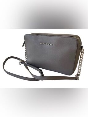 Michael Kors Jet Set Crossbody Gray Saffiano Leather Silver Hardware